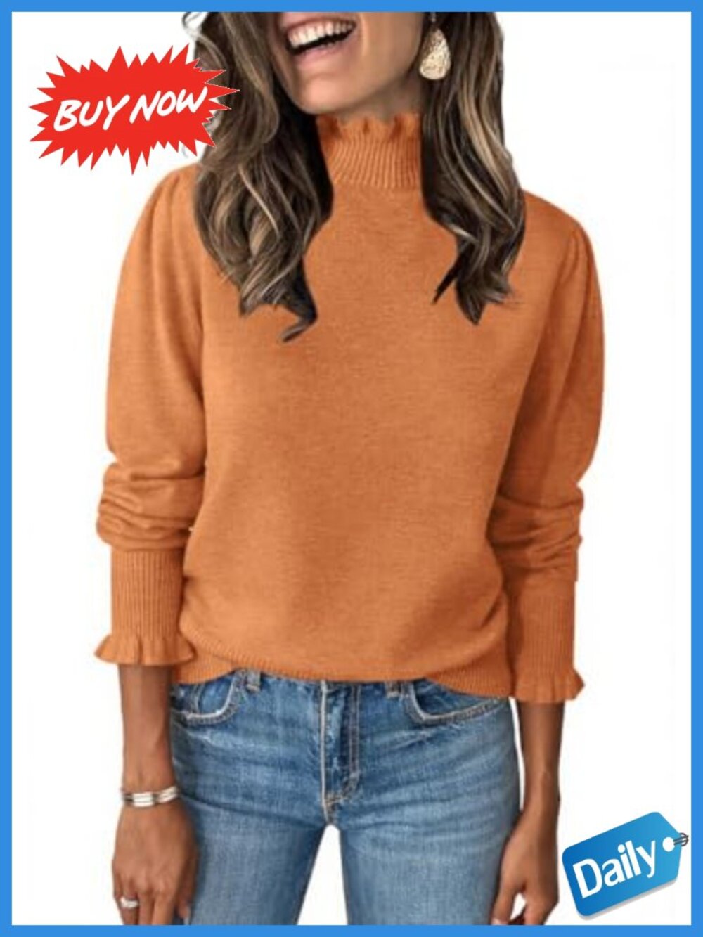 Womens Ruffle Mock Neck Sweater Puff Long Sleeve Pullover